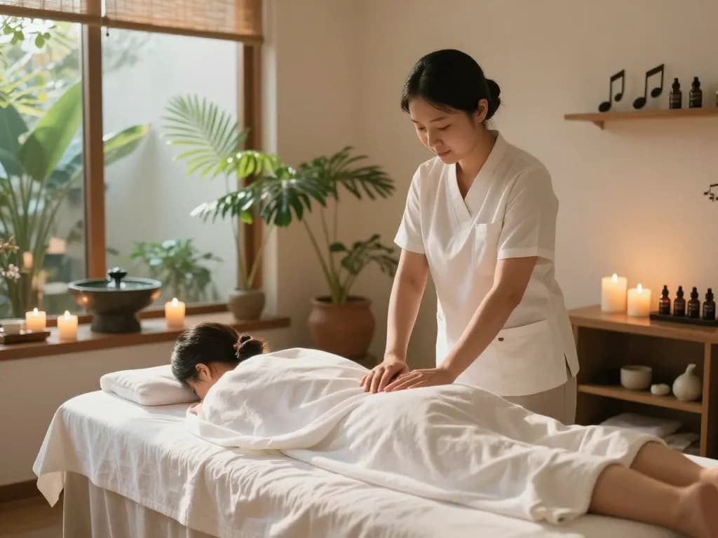 평화로운 스파 환경에서 진행되는 편안한 신사동마사지 치료 세션.