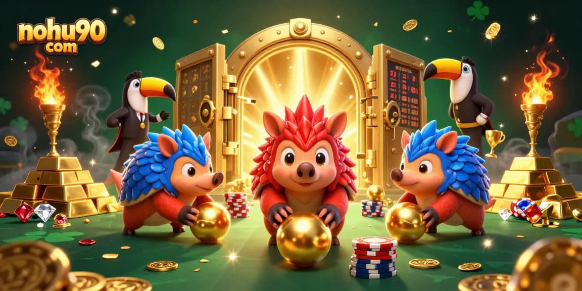 Experience big wins with nohu90 com in this vibrant 3D casino scene featuring pangolins and treasure!