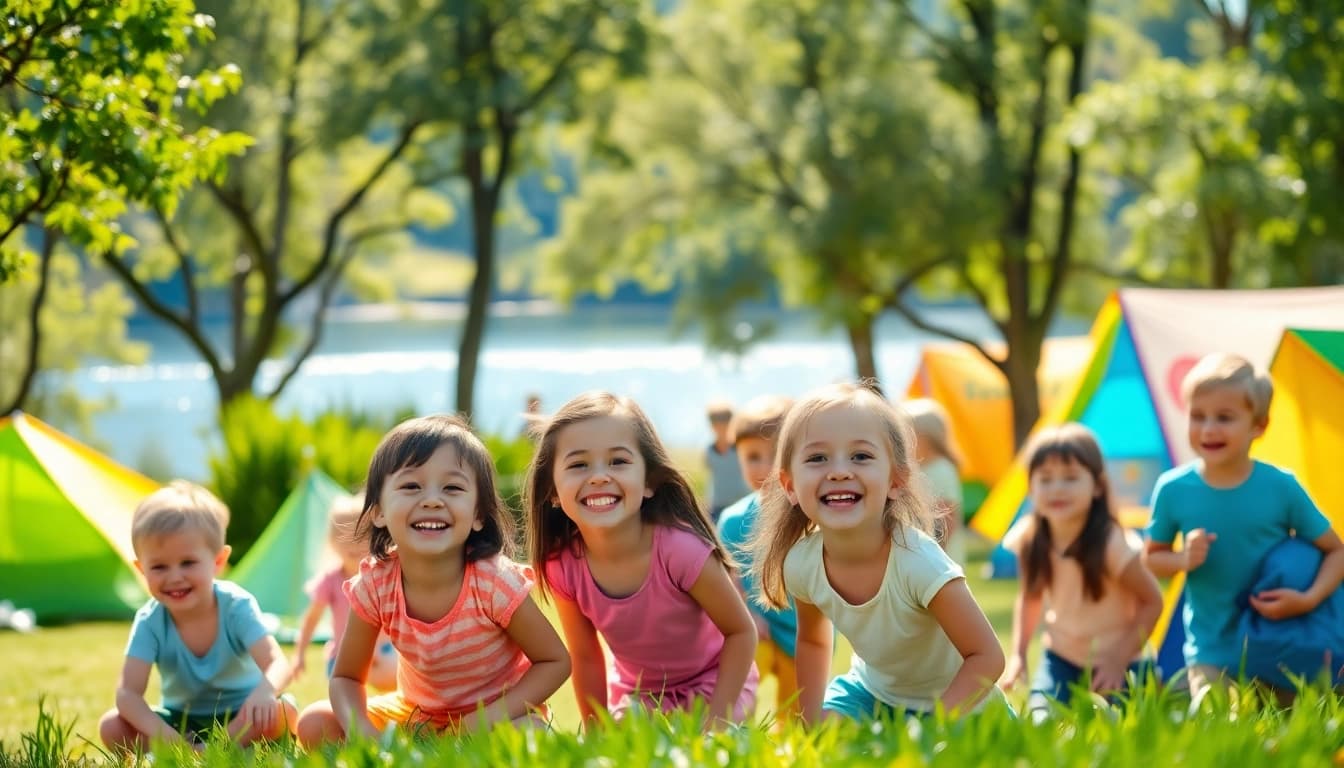 Kids enjoying various activities at a summer youth camp with vibrant surroundings.
