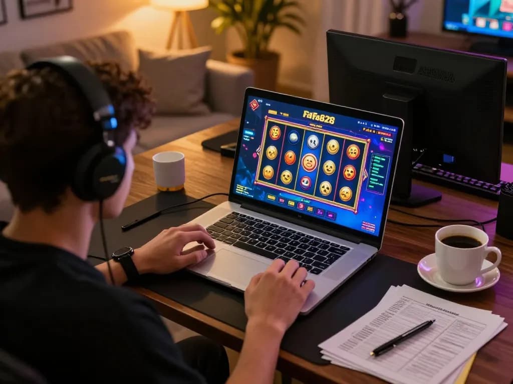 Player mastering slot games on the FAFA828 platform in a cozy home setting with strategic notes.