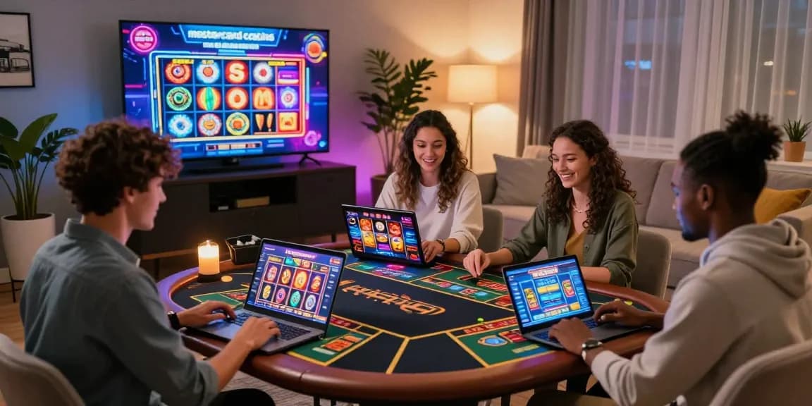 Exciting players enjoying games at mastercard casinos from stylish living room, vibrant atmosphere with digital casino interface.