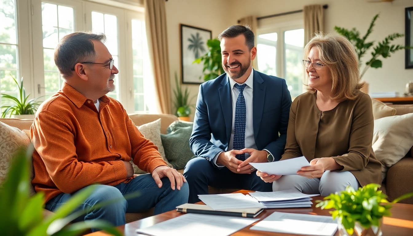 Florida Public Adjuster consulting with a homeowner in a bright, inviting living room.