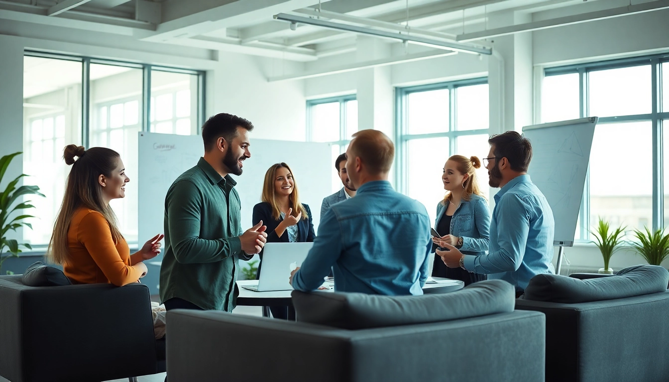 Engaged professionals discussing online marketing edmonton strategies in a modern office.