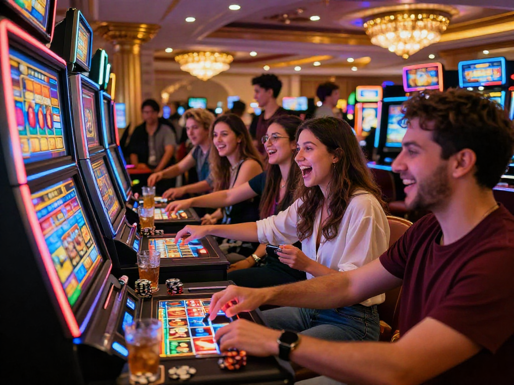 Engaging moment at a casino with friends enjoying the slot bonus new member 100.