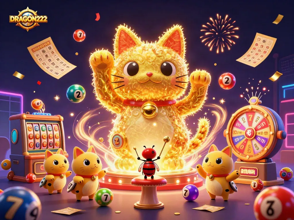 Experience the excitement of DRAGON222 with a vibrant 3D lucky cat surrounded by dynamic casino elements.