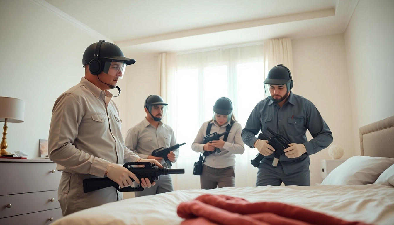 Engaged bed bug exterminator team inspecting a clean bedroom for pest control solutions.