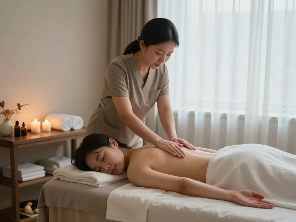 A tranquil scene of 치평동마사지 therapy in a calming spa environment, emphasizing relaxation and rejuvenation.