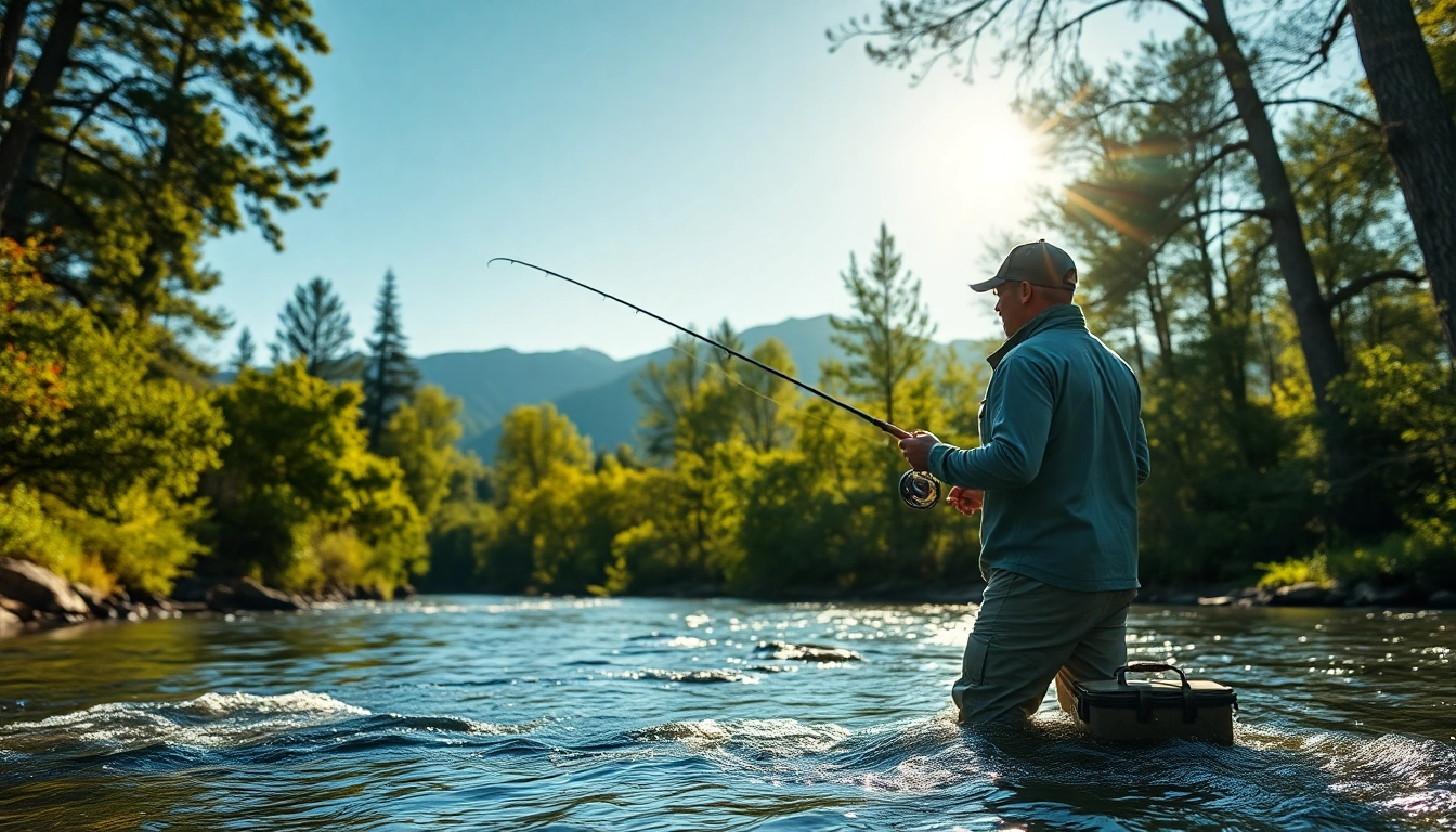 Engaged fly fishing for beginners as a fisherman casts into a serene river amidst nature.