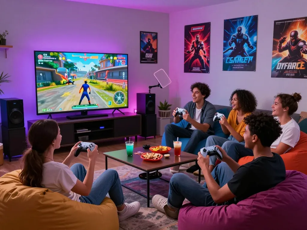 Friends enjoying ai porn games in a lively gaming atmosphere with vivid graphics and snacks.