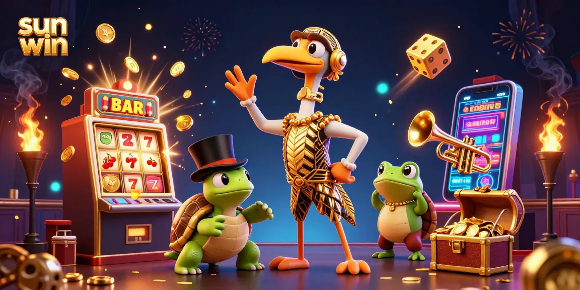 Experience thrilling wins at sun win casino, showcasing a vibrant 3D jackpot celebration with characters and game elements.