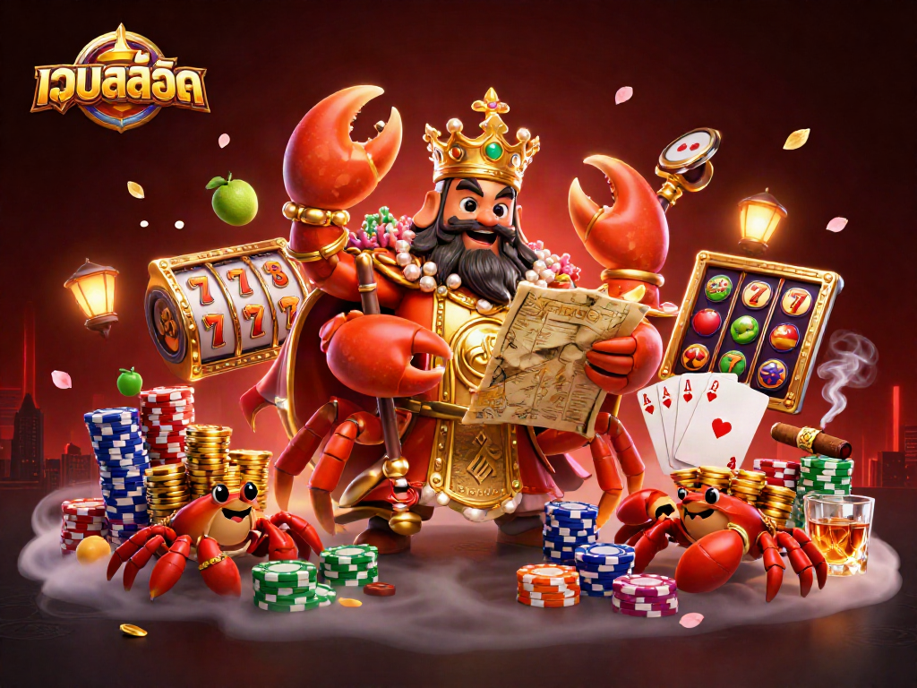 Spin the lucky เว็บสล็อต reels with a golden crab emperor amidst vibrant casino elements.