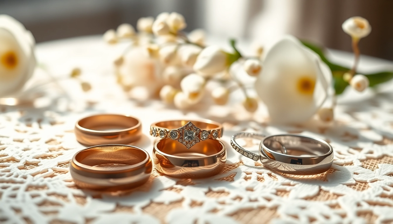 レースの敷かれたテーブルの上に美しく並ぶ結婚指輪のセレクション。さまざまな逸品デザインを展示。