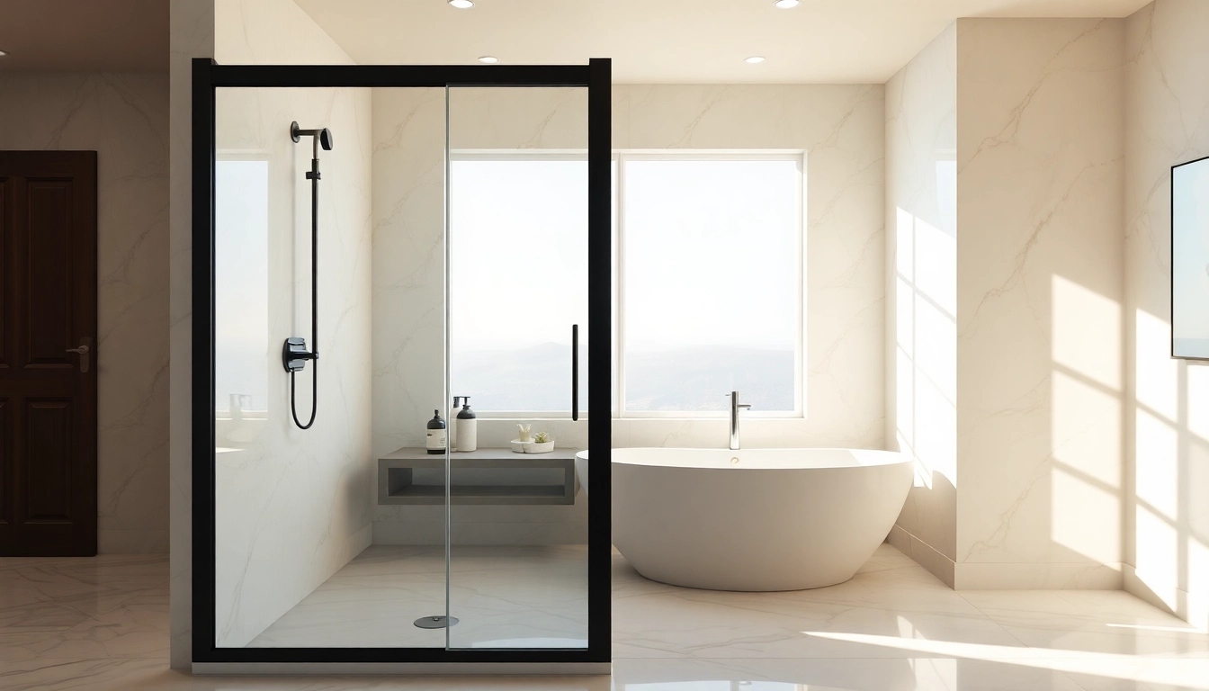 Showcase of a shower door black frame in an elegant bathroom setting with natural light.