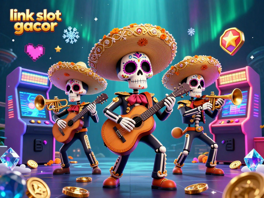 Engage with the vibrant scene featuring link slot gacor as a lively mariachi band plays amidst colorful gaming elements.