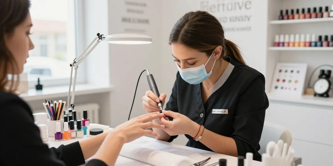 Bormașină electrică în acțiune la un salon de înfrumusețare modern pentru o îngrijire precisă a unghiilor.