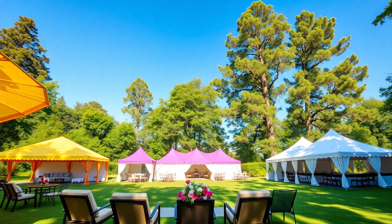 Tent Rentals beautifully arranged in a vibrant outdoor setting with colorful decorations.