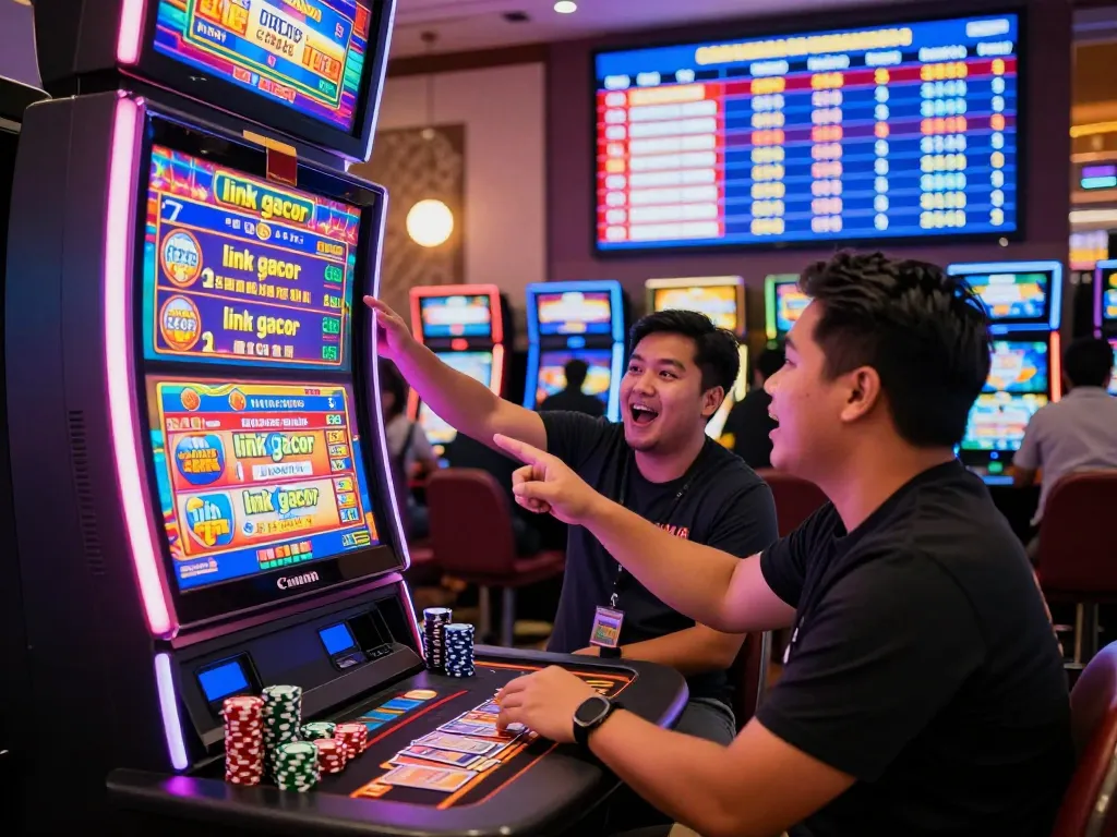 Player winning at slot machine featuring link gacor in vibrant casino