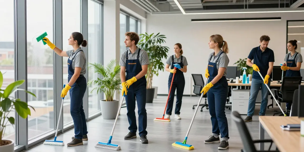 Professionelles Reinigungsteam von DISE Cleaning in Dortmund bei der Arbeit, das Büros effizient und umweltfreundlich reinigt.