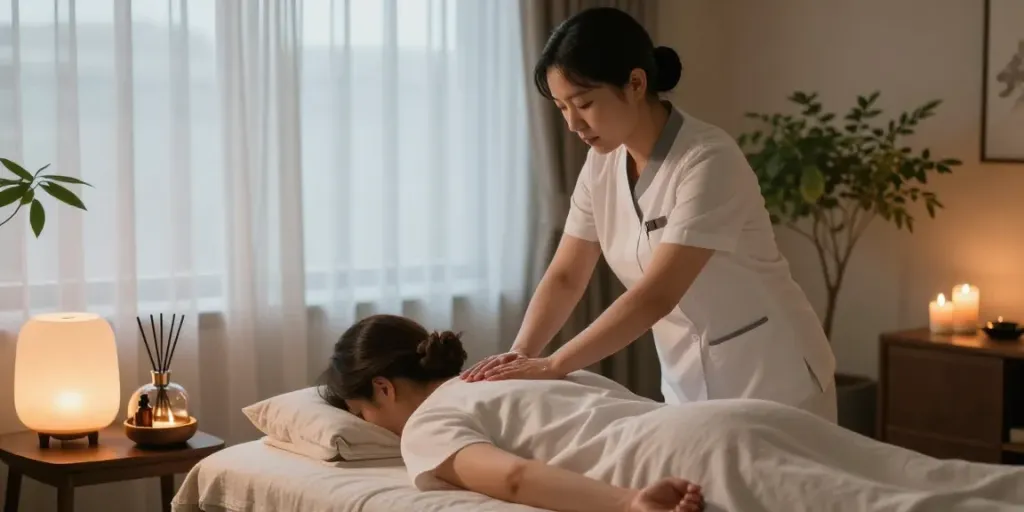 Calming 가산동출장마사지 session with a therapist and client in a serene home atmosphere.