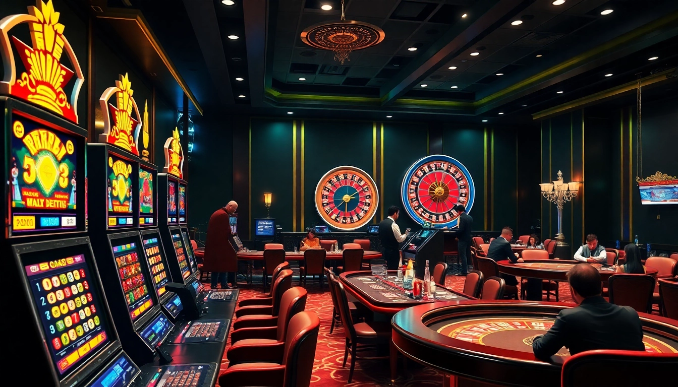 A vibrant casino atmosphere showcasing slot machines and poker tables themed with Bdtk3 Com.