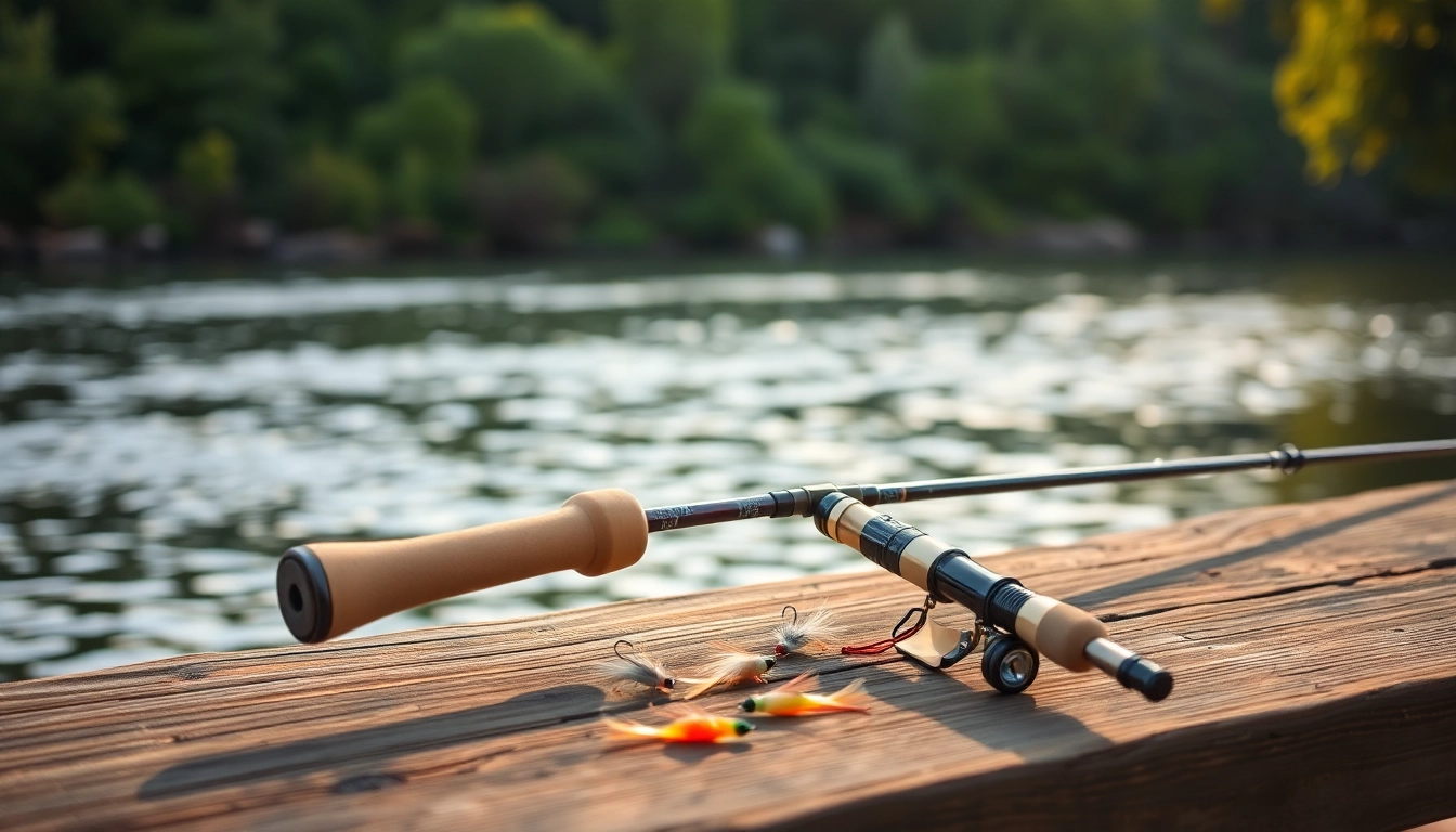 Showcase of the Best fly fishing rods on a rustic table near a calm river at dawn.