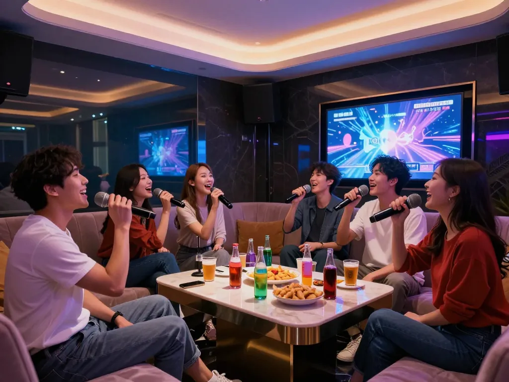 친구들이 음악, 음료, 스타일리시한 분위기를 즐기는 강남퍼펙트 노래방의 활기찬 밤문화를 경험해보세요.