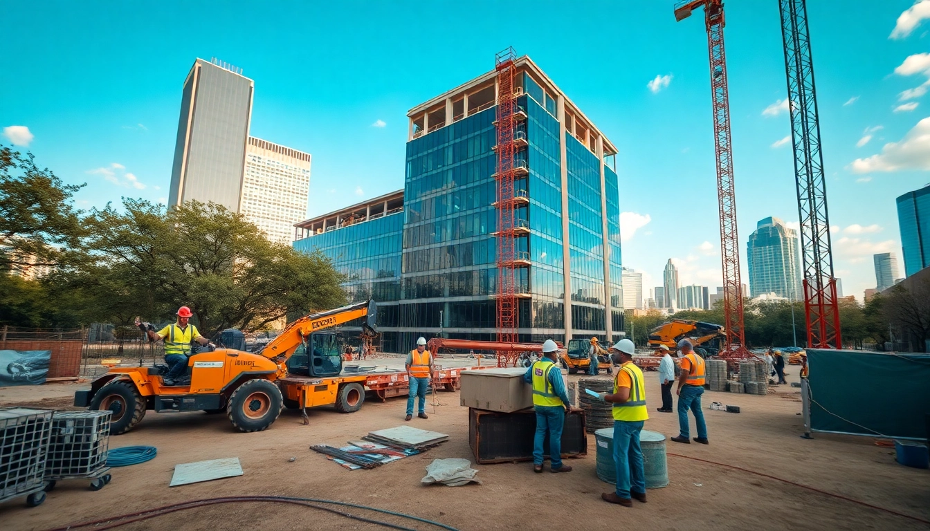 Austin construction workers developing a modern office complex in an urban setting.