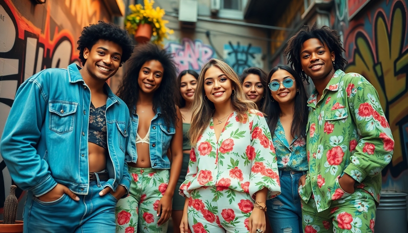 Trendy streetwear 2025 featuring floral patterns and vibrant colors in an urban setting.