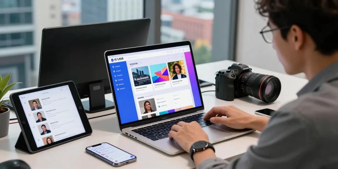 User exploring the 纸飞机官网 interface on a laptop in a modern office, showcasing a connected digital experience.