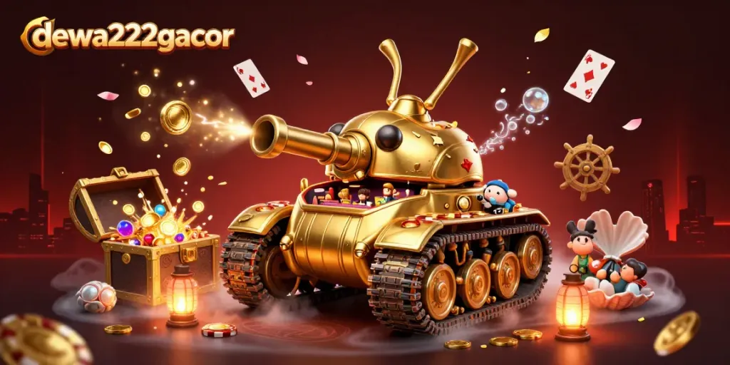 Engage with dewa222gacor through a dynamic 3D casino illustration featuring a golden beetle tank revealing a bustling miniature casino.