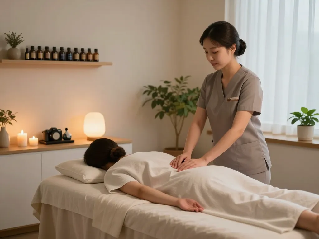 Relaxing 강남마사지 therapy room with massage table, essential oils, and tranquil atmosphere.