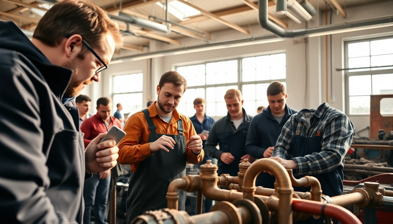 Engaged trainees in a plumbing apprenticeship workshop, honing skills and using tools effectively.
