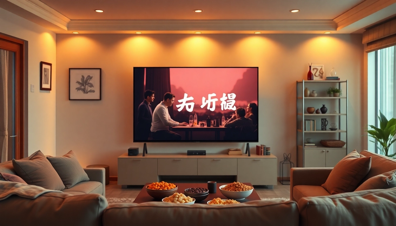 Stream captivating หนังออนไลน์ in a cozy living room with a vibrant movie scene.