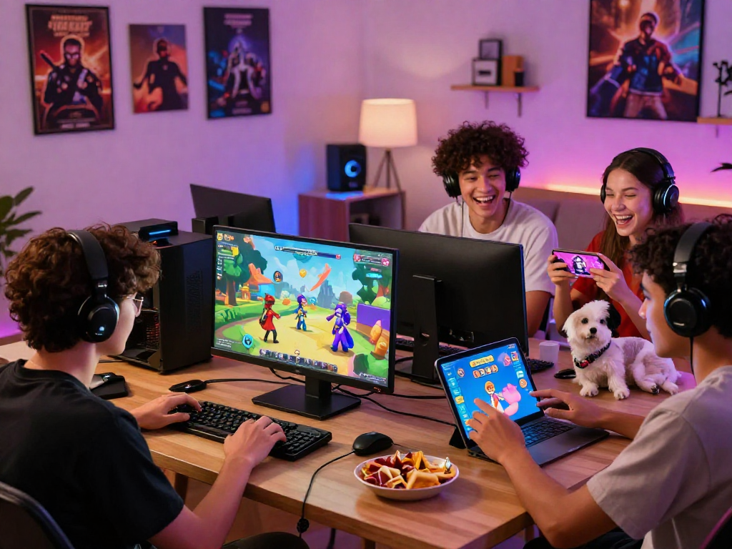 Group of friends playing adult games online on multiple devices in a cozy living room.