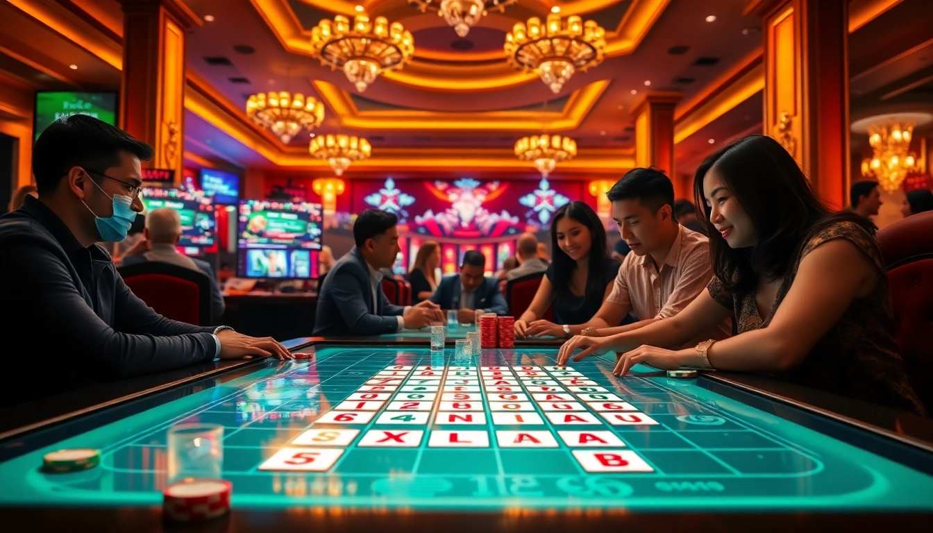 Engaging players enjoying רמיקוב אונליין in a sophisticated digital casino setup.