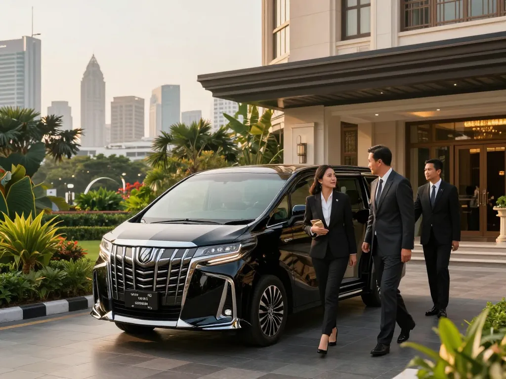 cho thuê xe Toyota Alphard đỗ bên ngoài một khách sạn sang trọng, khách chuẩn bị cho một trải nghiệm du lịch cao cấp.
