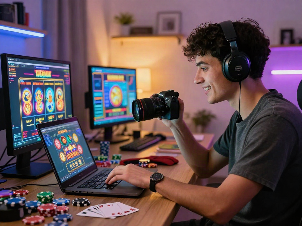 Engaged player enjoying judi casino online games in a modern home office setup.