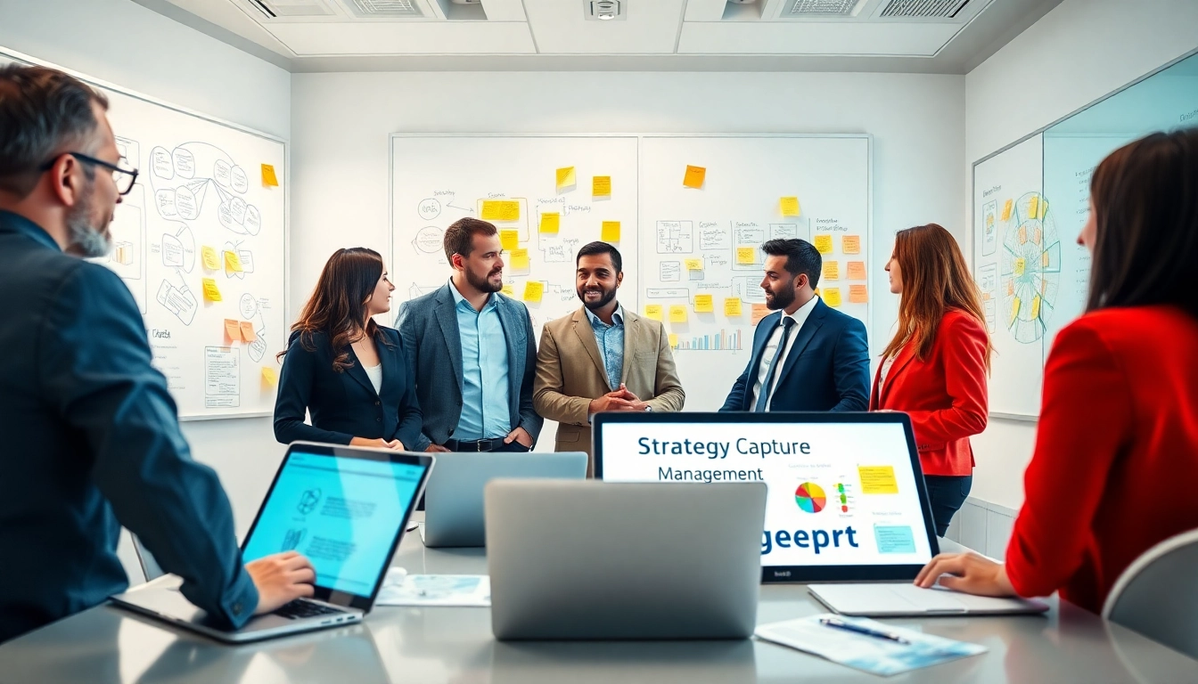 Team brainstorming on Strategy Capture Management in a vibrant office environment.