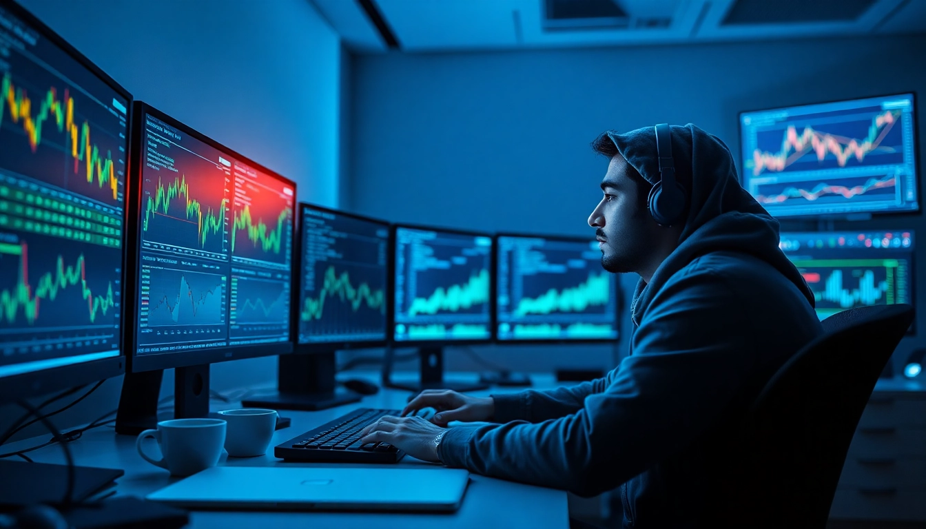 Dynamic software engineering workspace with a focused engineer analyzing finance charts and code.