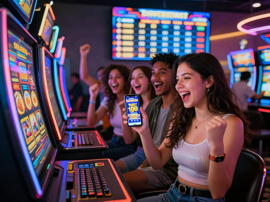 Celebrating a win with slot bonus new member 100 at a lively casino gaming scene.