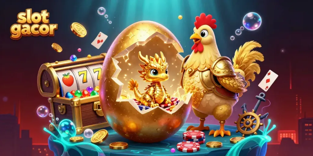 Experience the thrill of slot gacor with a vibrant, 3D illustration showcasing golden dragon luck in a casino setting.