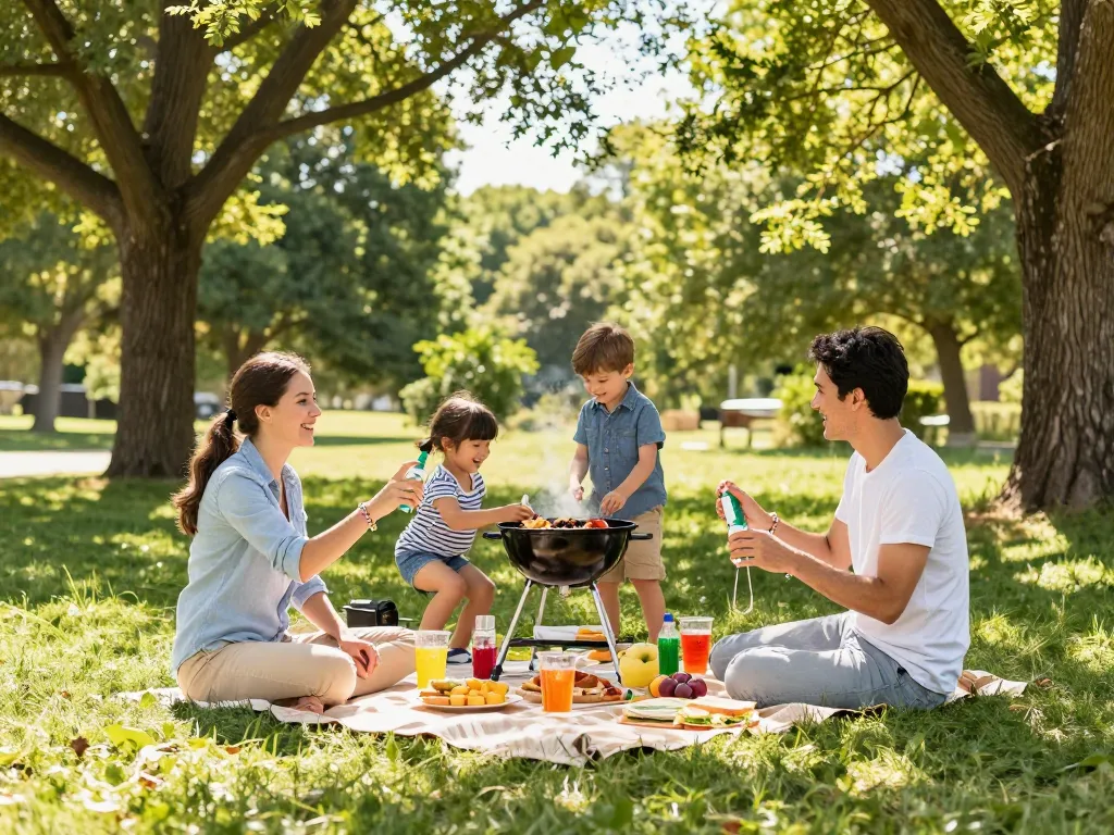 Family enjoying a picnic while using mosquito repellent sprays and bracelets for protection in a sunny outdoor setting.