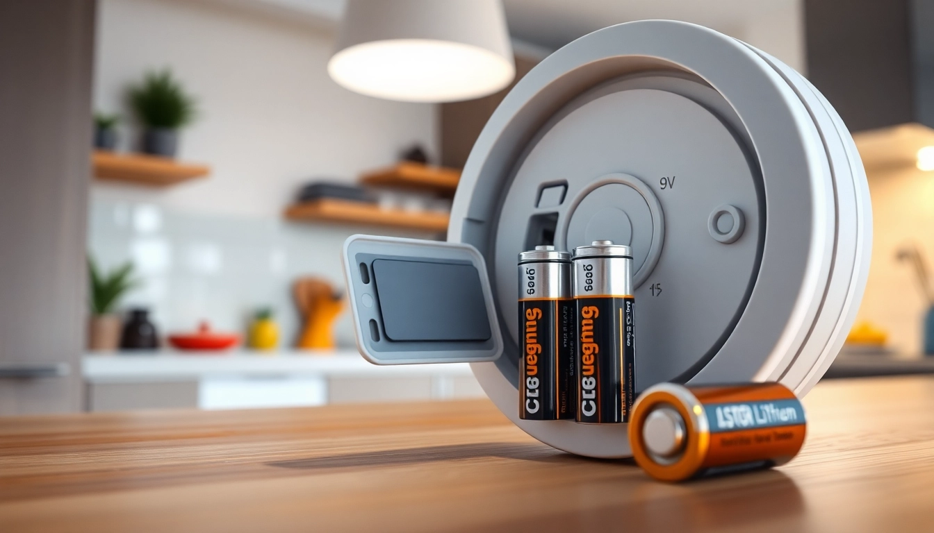 Showcasing various smoke detector battery types in a bright home setting, emphasizing safety.