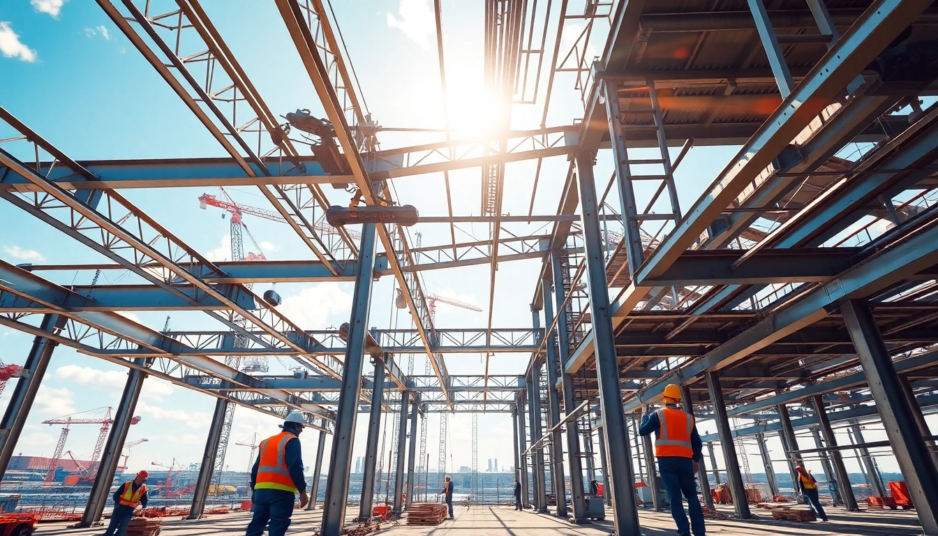 Visualizing structural steel construction with workers assembling steel framework on site.