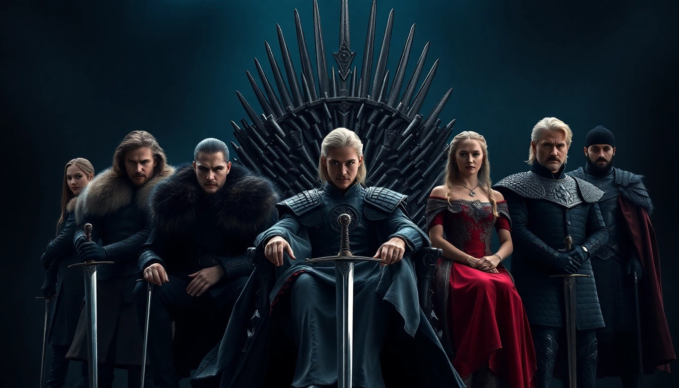 Game of Thrones cast showcasing iconic characters on the Iron Throne in a dramatic setting.