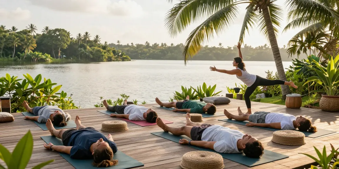 Group practicing yoga sri lanka south coast on Koggala Lake deck, serene retreat environment with natural surroundings.