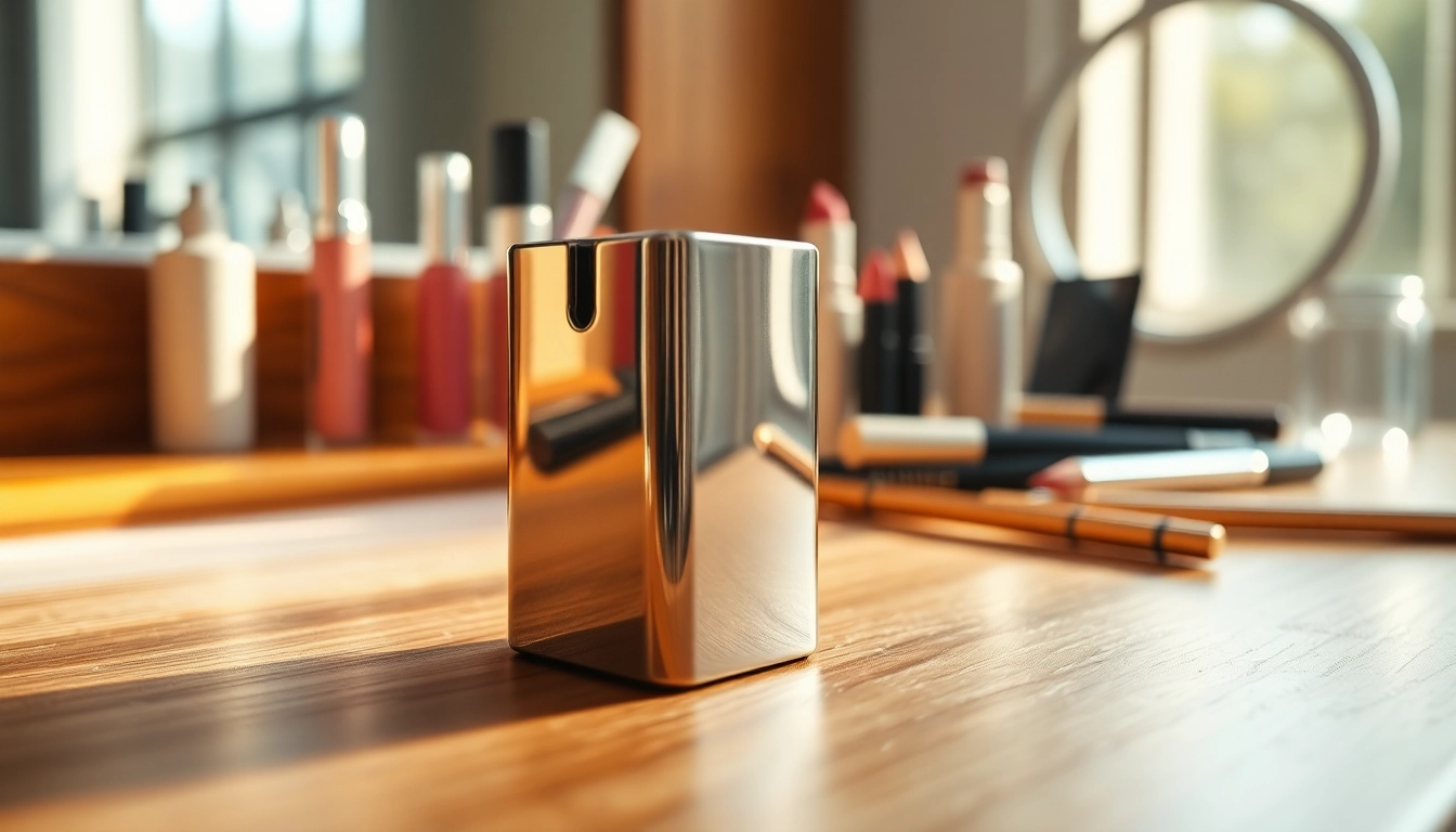 Using a cosmetic pencil sharpener on a wooden vanity surrounded by beauty products.