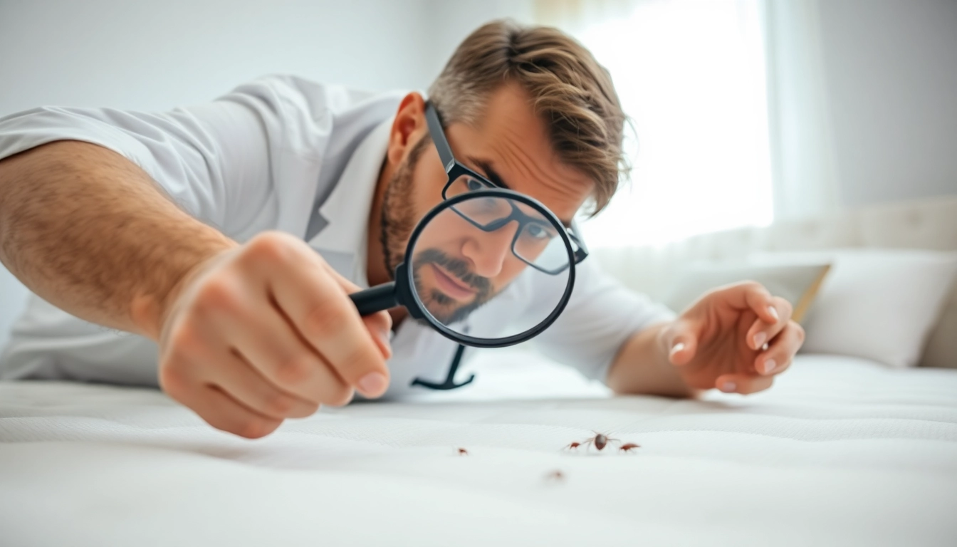 Inspecting a bedroom for bed bug pest control by a professional technician.