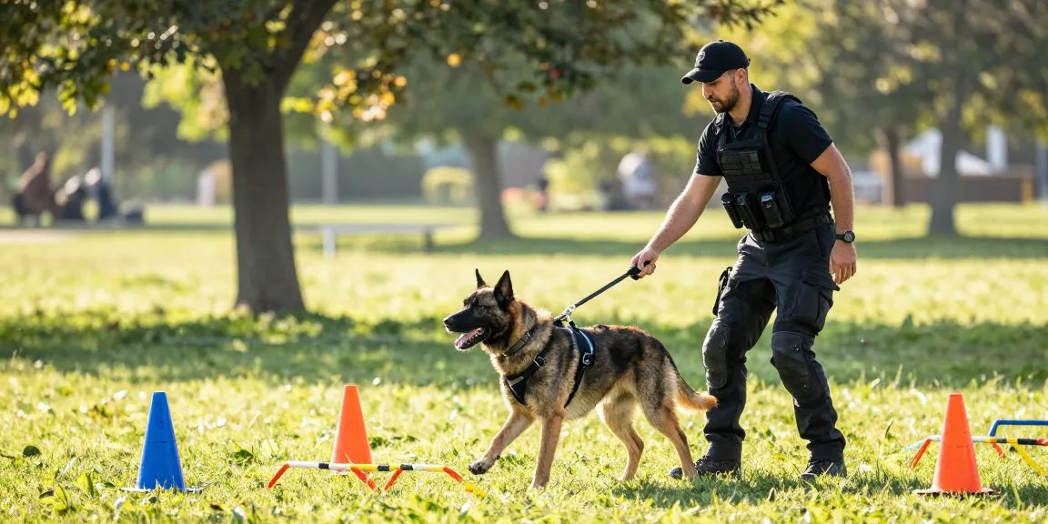 Engaging training scene with rokok88 slot harness for K9 working dogs in a park.