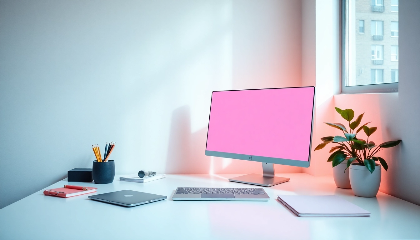 Pink screen creating a calming workspace ambiance with modern elements.